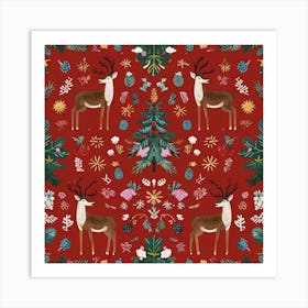 Festive Holiday Deer And Botanical Pattern Wrapping Paper Art Print