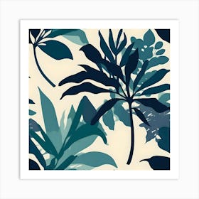 Silhouette of Botanical Illustration, Blue and Turquoise Art Print