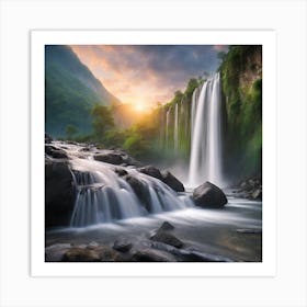 Waterfall At Sunset Art Print