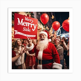 A Festive Christmas Scene With A Cheerful Man Dressed As Santa Claus Holding A Sign Fingers Pointin Art Print