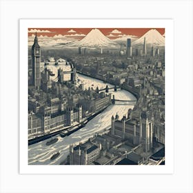 London Skyline in the style of Hokusai Ar1 Art Print