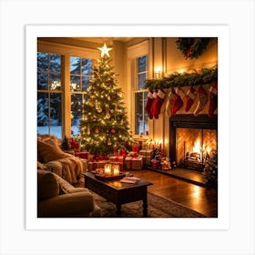 A Cozy Winter Evening By A Roaring Fireplace An Ornately Decorated Christmas Tree Situated In The C (1) Art Print