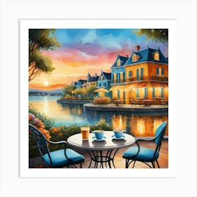 Cafe Terrace by Calm Lake in Sunset Art Print