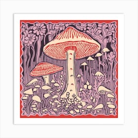 Mushroom Woodcut Purple 7 Art Print