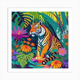 Firefly Beautiful Magic Garden With A Tiger Colourful Flowers And Tropical Plants Art Synthwave Ver 2 Art Print