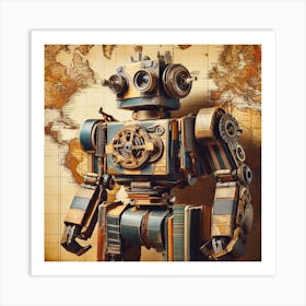 Robot On A World Map Art Print