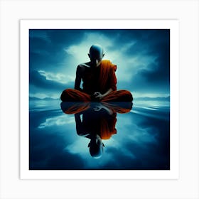 Giant Meditating Monk On A Lake In Sky Reflection Color Illustration Art Print