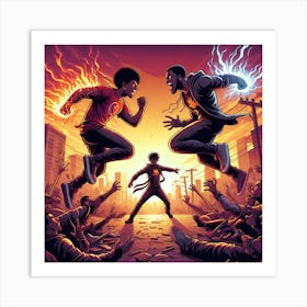 Two Men Fighting In A City Art Print