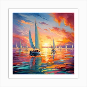 Sailboats At Sunset 16 Art Print