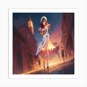 Anime Girl Walking Down The Street Art Print