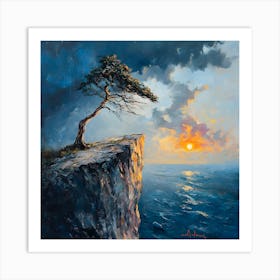 Tree on Cliff at Sunset: Nature-Inspired Textured Art for Coastal Decor Art Print