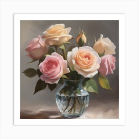 An Oil Painting Featuring A Bouquet Of Vintage Roses In A Crystal Vase Capturing Art Print