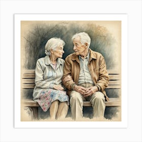 Old Couple Sitting On Bench Art Print