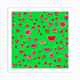 Watermelon Slices On Green Background 1 Art Print