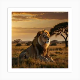 A Majestic Lion Lounging On A Grassy Savanna At Sunset, Surrounded By The Golden Hues Of The Setting Sun And The Vast Expanse Of The African Plains 2 Art Print