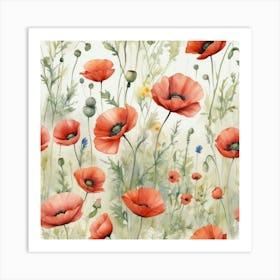 Wildflowers Watercolor Field Drawing Summer Popp (2) Art Print