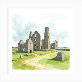 Watercolor Of The Lindisfarne Priory In Northumberland, Capturing Its Historic Ruins And Scenic Beauty Art Print