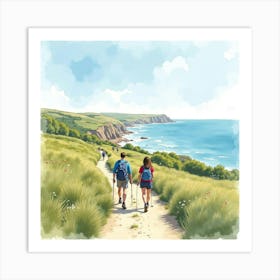 A Watercolor Of An English Coastal Path With Hikers Enjoying The Stunning Sea Views 1 Art Print