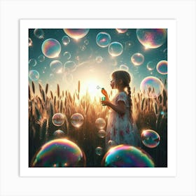 Girl In A Field With Soap Bubbles Art Print