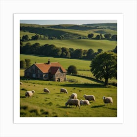 A Picturesque Countryside With Rolling Hills, Grazing Sheep, And A Quaint Farmhouse 2 Art Print