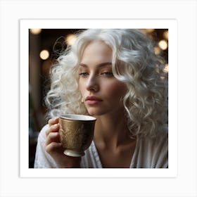 Beautiful Woman With Curly Hair Drinking Coffee Art Print