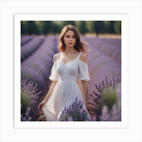 Beautiful Woman In White Dress In A Lavander Field 3 Art Print