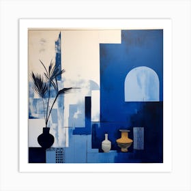 Abstract Minimalist Contemporary Art Print - Blue & White Wall With Pots Art Print