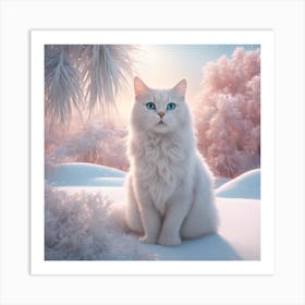 Digital Oil, Cat Wearing A Winter Coat, Whimsical And Imaginative, Soft Snowfall, Pastel Pinks, Blue Art Print