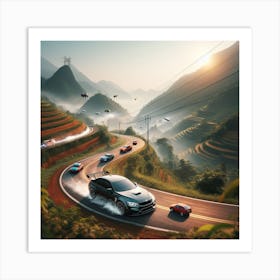 Racing cars at speed nearby hills Art Print