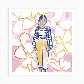 Girl in rain pants square Art Print