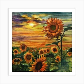 Sunflowers At Sunset Wood Print Art Print