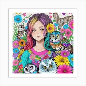 Owl and girl Charms 6 Art Print