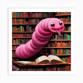 Pink Worm In Library Art Print