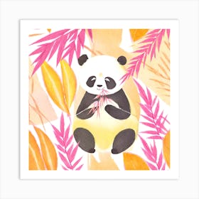 Cute Panda Bear in Pink Yellow Leaves Art Print