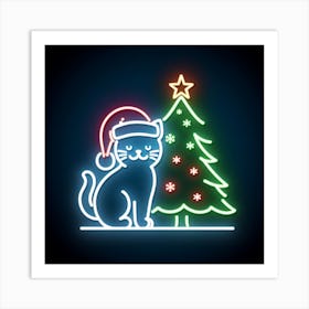 Christmas Cat With Christmas Tree Art Print