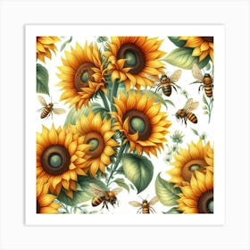 Sunflowers And Bees Pattern 2 Art Print