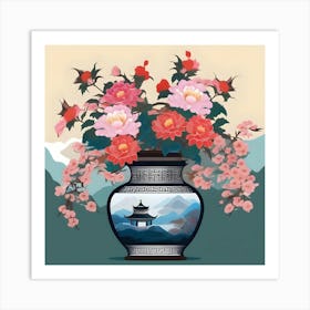 Vase with flowers decorated with Chinese landscape, green, yellow, blue and red Art Print