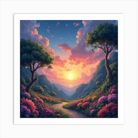 Celestial Watercolor Sunset Over Enchanted Garden 1 Art Print