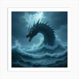 A Fearsome Sea Serpent Rising From The Ocean Waves During A Thunderstorm Art Print