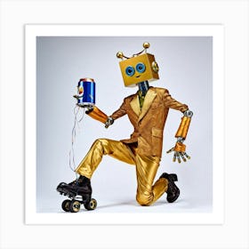 Frightened Robot With Blue Eyes Wearing Inline Roller Skates Gold Futuristic Attire Its Head Parti Art Print