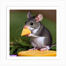 Surrealism Art Print | Mouse Holds Cheese Wedge On Block Of Cheese Art Print