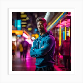 Young Man In A Blue Hoodie Standing In The City Art Print