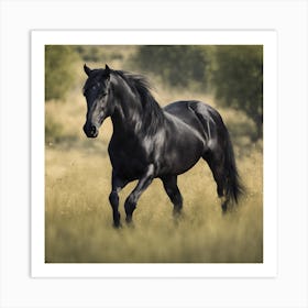 Black Horse Galloping In The Field Art Print