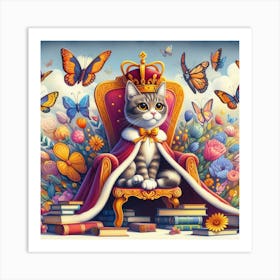 Cat’s Kingdom - Whimsical and Fantasy Painting of a Cat on a Book Throne Art Print