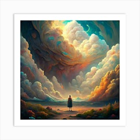 Man Standing In A Dreamlike Landscape With Giant Clouds Art Print