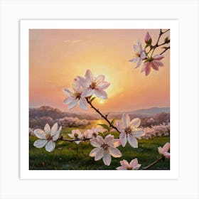 Golden Horizon, Pink Petals Blossoming Cherry Blossoms Art Print