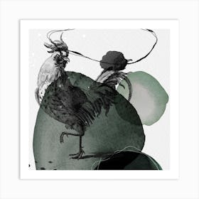 Feathered Friends Cockrel Black & Green Square Art Print