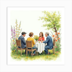 Watercolor Illustration Of An English Garden Club Meeting With Blooming Flowers 1 Art Print