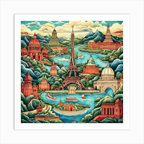 Paris, Featuring Pastel Landmarks, Travel Posters A Retro-Inspired Travel Posters Showcasing Iconic Destination Art Print