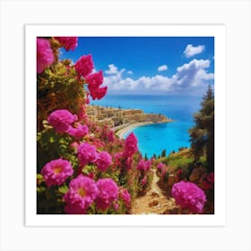 Pink Flowers By The Sea 1 Art Print